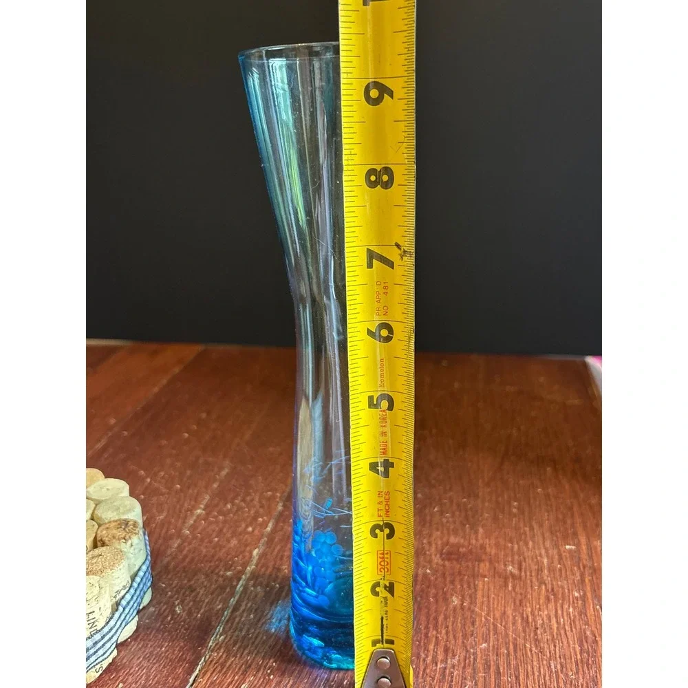 Vintage Blue Glass Bud Vase Etched Grape Vine Frosted 9.5